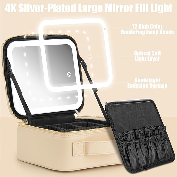 Makeup Travel Train Case with Mirror LED Light 3 Adjustable Brightness Cosmetic Bag Portable Storage Adjustable Partition Waterproof Makeup Brushes Makeup Jewelry Gift for Women (Beige)