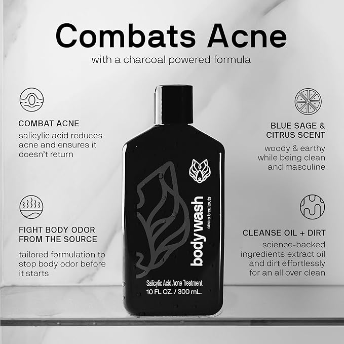 Black Wolf Charcoal Powder Body Wash Men - 10 Fl Oz Paraben-Free Mens Body Wash - Salicylic Acid Reduce Acne Breakouts and Cleanse Your Skin - Full Coverage & Deep Clean Men's Bodywash