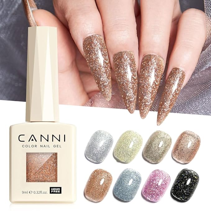 CANNI 8 Pcs 9 ML Glitter Diamond Gel Nail Polish Set, Shimmer Sparkly Shiny Black Gold Silver Blue Green Purple Colors Gel Polish Kit Soak Off Led Nail Art Manicure Salon DIY