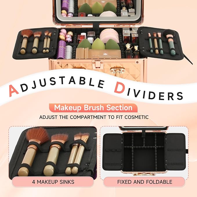 Leeora&Leekoo Makeup Box with LED Mirror & Aluminum Frame, Compact Multi-Layer Cosmetic Organizer - Portable ABS Travel Train Case for Makeup Storage(Gift for Girlfriend/Daughter) (Rose Gold)