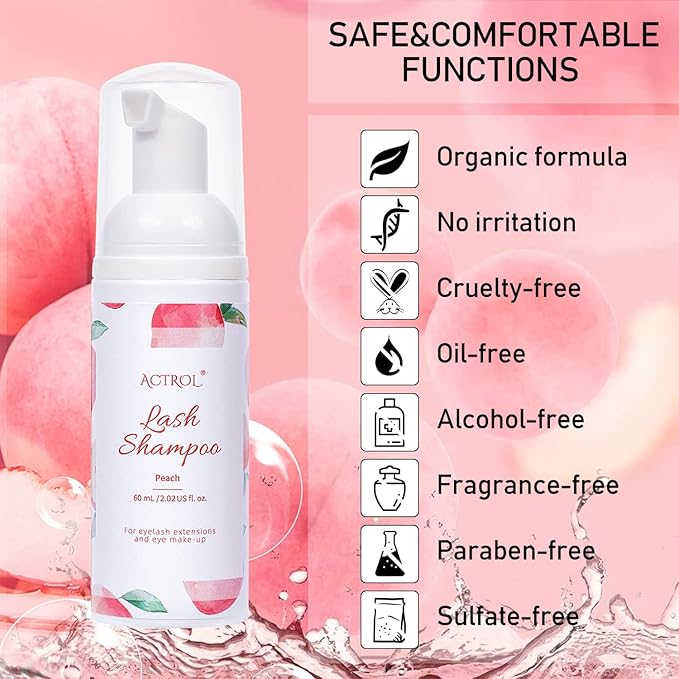 Eyelash Extension Cleanser 60ML Natural Lash Extension Shampoo Peach Professional Eyelid Foaming Cleanser Paraben & Sulfate Free Non-lrritating with Salon and Home Care