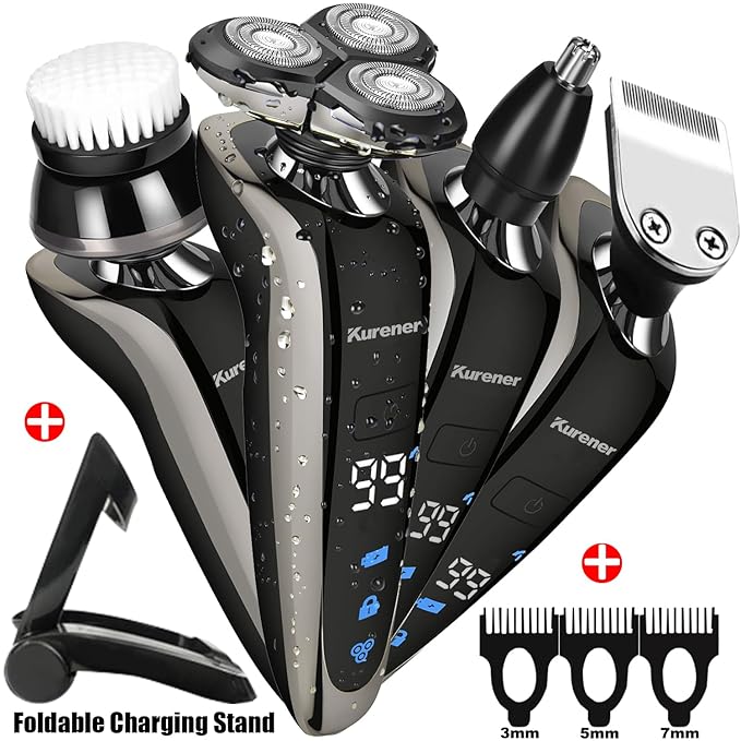 Electric Shaver Razor for Men Rechargeable 100% Waterproof Rotary for Shaving with Nose Trimmer Sideburns Trimmer Face Cleaning Brush