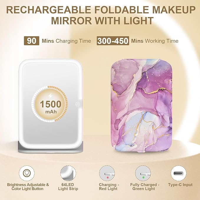 Mocado Travel Makeup Mirro with Lights, 360° Rotation Lighted Makeup Mirror, Portable Mirror with 10x Magnification, 3 Color Lightings, Dimmable Touch Screen, Tabletop Light up Mirror(Purple Marble)