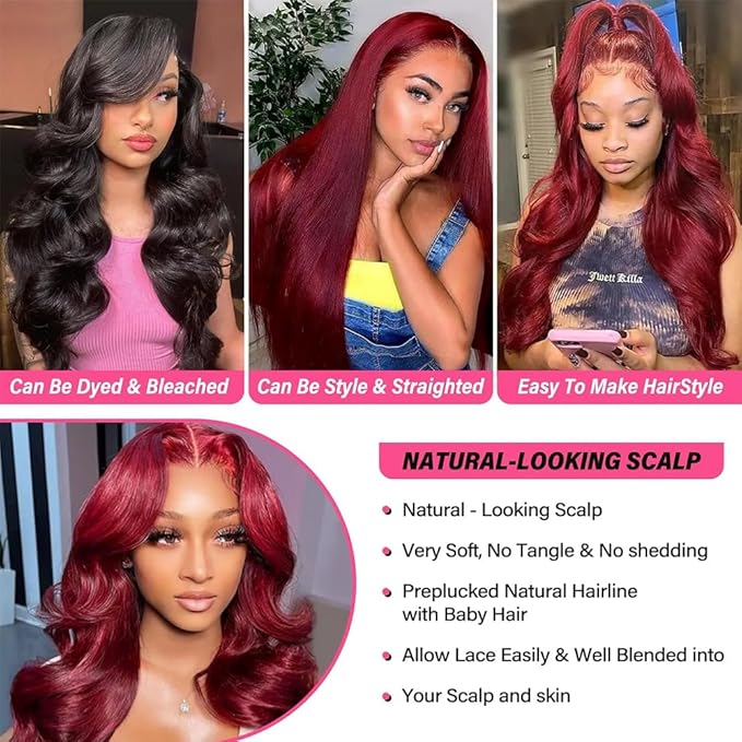 99J Burgundy Lace Front Wigs Human Hair Body Wave 13x4 HD Transparent Lace Front Wigs Human Hair Pre Plucked with Baby Hair 99j Red Wine Human Hair Wigs for Women 30 Inch