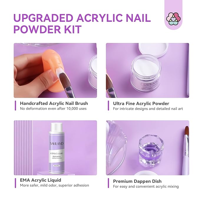 SAVILAND Acrylic Nail Kit with Everything for Beginners: Clear White Pink Acrylic Powder and Liquid Set with Acrylic Brush Nail Dehydrator and Primer Professional Acrylic Nail Set Starter Kit Home DIY