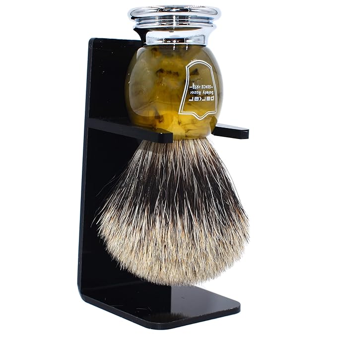 Parker Premium 3-Band Pure Badger Bristle Shaving Brush with Stand, Packaged in a Gift Box, Generates a Fabulous Lather. (Faux Horn)