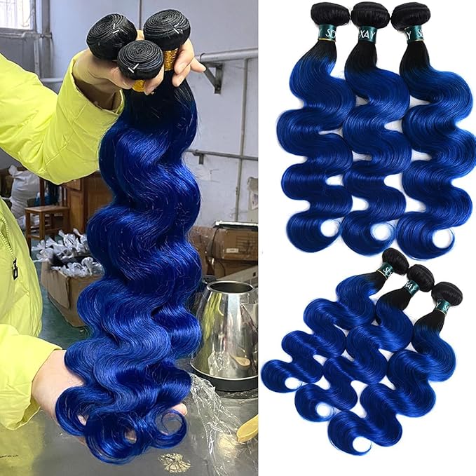 Human Hair Blue Bundles Brazilian Ombre Body 1b/blue Wave 1Bundle Hair Unprocessed Virgin Human Hair Extensions 3-4bundles can be full head(26",1b/Blue)