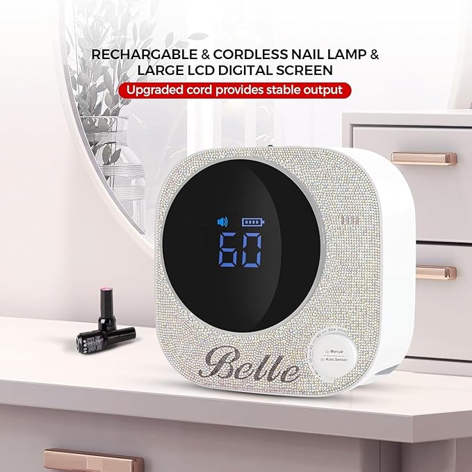 Belle Cordless Nail Lamp, Rechargeable UV Nail Lamp for Gel Nails, LED Nail Lamp with 4 Timer Modes, Gel Nail Light Decorate with Sparkling Nail Rhinestones Diamond