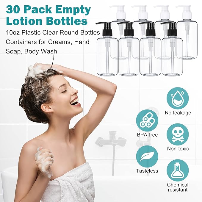 30 Pcs 10 oz Plastic Pump Bottle Dispenser Empty Lotion Bottle with Pump Refillable Clear Hand Soap Dispenser Portable Travel Lotion Container for Body Wash Liquid Soap Shampoo Essential Oil, 2 Colors
