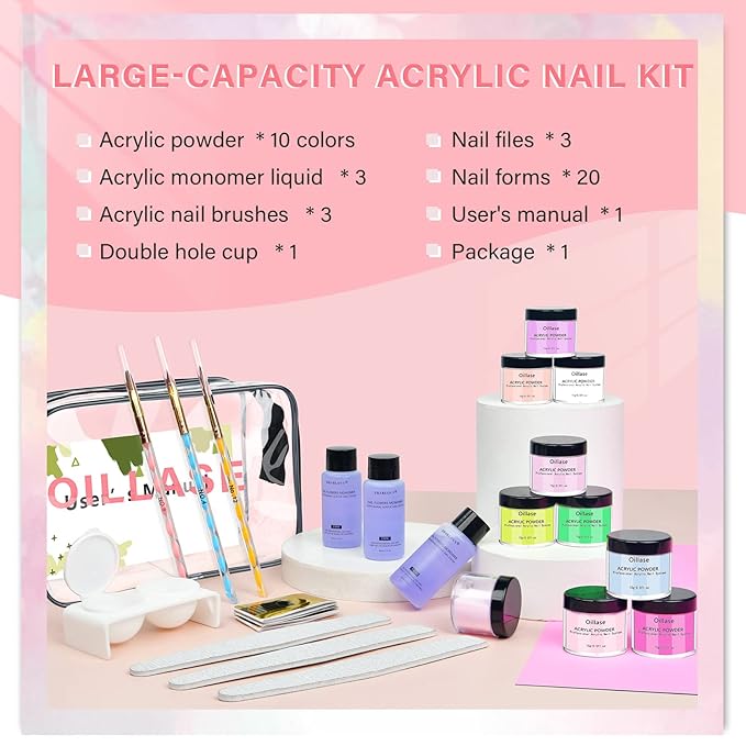 Acrylic Nail Kit for Beginners, Professional Nail Acrylic Powder Set with Acrylic Nail Brush Set, Large Capacity 10 Color Acrylic Powder Set Nail Extension Form (acrylic nail kit)