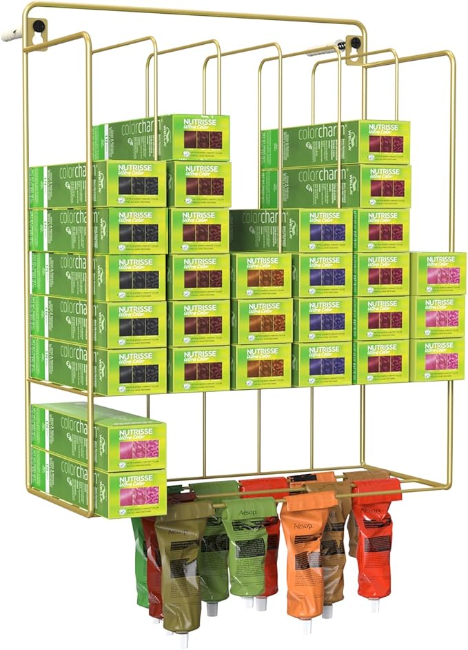 ikare Hair Color Organizer for Salon - Wall-Mounted Salon Organizers and Storage with Two Expansion Screws, Iron Salon Storage Rack with Hair Dye Paste Hanging Space (GOLD)