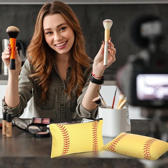 Eccliy 20 Pcs Softball Makeup Bags Bulk Sport Team Gifts Softball Cosmetic Bag Accessories for Women Toiletry Zipper Pouch Travel Canvas Gifts Stuff for Party Team Players Lover