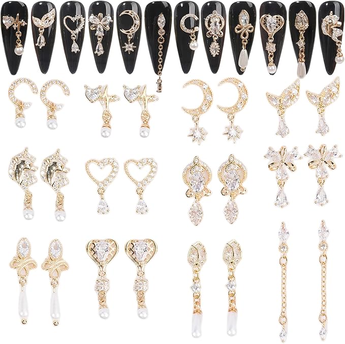 24Pcs Gold Nail Charms For Acrylic Nails Gems Rhinestones Shiny Nail Art Crystal Nail Art Charms Gems Jewelry Studs Nail Diamond Gold Rhinestone For Nails Gold Charms For Nails DIY Nail Art Decoration