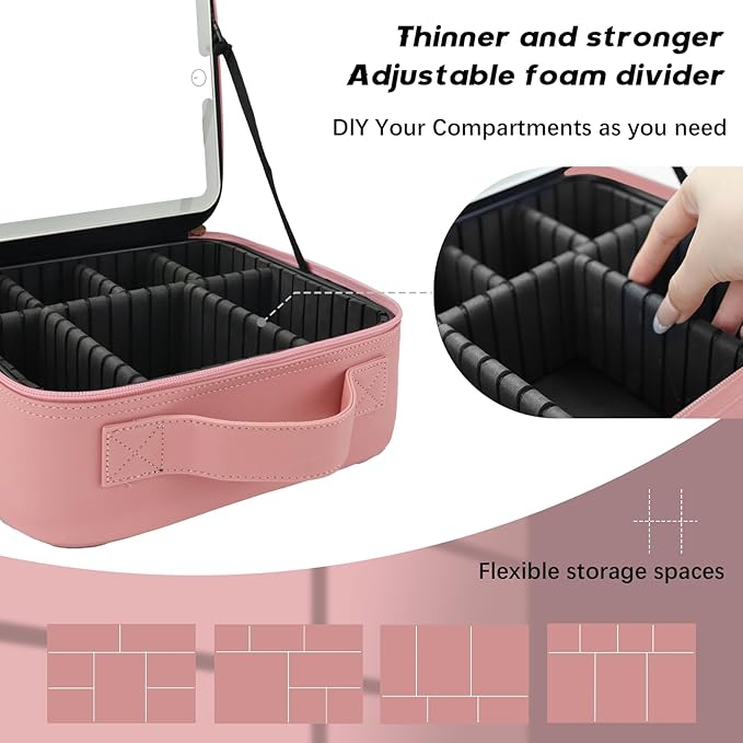 Travel Makeup Bag with LED Lighted Mirror,Cosmetics Organizer, Makeup Bag with 3 Color Lighted Setting, Portable Storage and Adjustable Dividers Travel Makeup Bag(Pink)