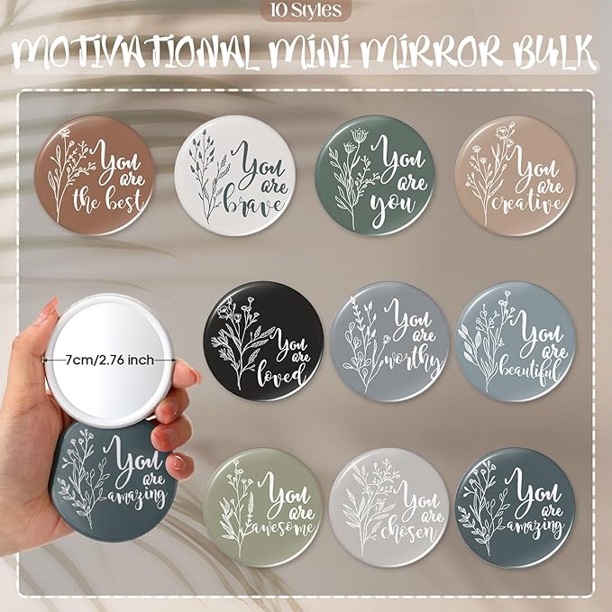 20 Pcs Employee Appreciation Gifts 10 Inspirational Canvas Makeup Bags 10 Compact Mirrors Bulk Cosmetic Bags Round Portable Pocket Mirror Thank You Gifts for Women (Boho)