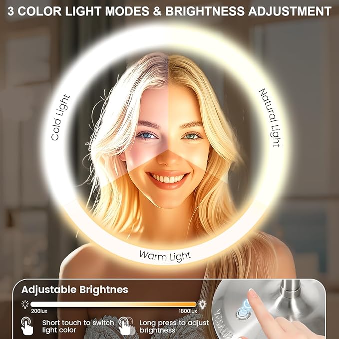 VESAUR 15X Magnifying Mirror with Light, 9" Large 5000mAh Rechargeable Double Sided HD Lighted Makeup Mirror with 3 Touch Dimmable Light, 360° Swivel Detachable for Travel Vanity Mirror Nickel, Gifts