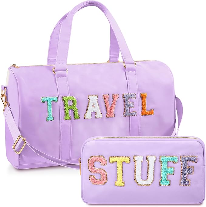 2 Pcs Preppy Chenille Letter Duffle Bag and Makeup Pouch, Travel Tote Bag Cosmetic Zipper Patch Makeup Bag (Light Purple)