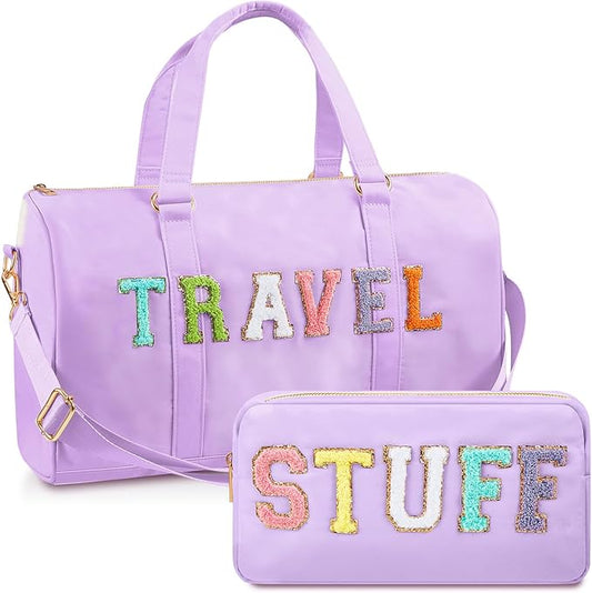 2 Pcs Preppy Chenille Letter Duffle Bag and Makeup Pouch, Travel Tote Bag Cosmetic Zipper Patch Makeup Bag (Light Purple)