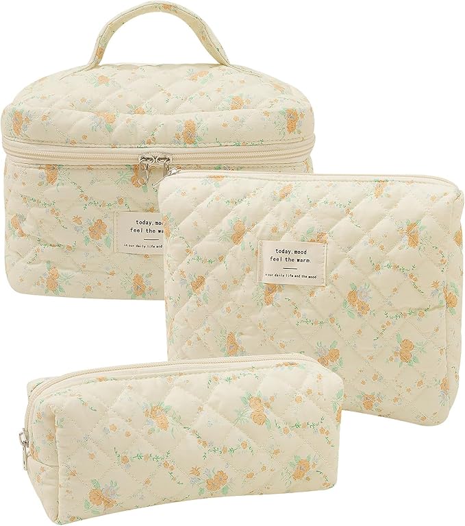 Quilted Floral Makeup Bag 3PCS, Cute Cotton Coquette Aesthetic Travel Toiletry Bag, Zipper Cosmetic Pouch, Daily Travel Use Skincare Bag, Large Capacity (Peach Petal Soft)