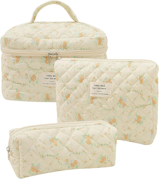 Quilted Floral Makeup Bag 3PCS, Cute Cotton Coquette Aesthetic Travel Toiletry Bag, Zipper Cosmetic Pouch, Daily Travel Use Skincare Bag, Large Capacity (Peach Petal Soft)