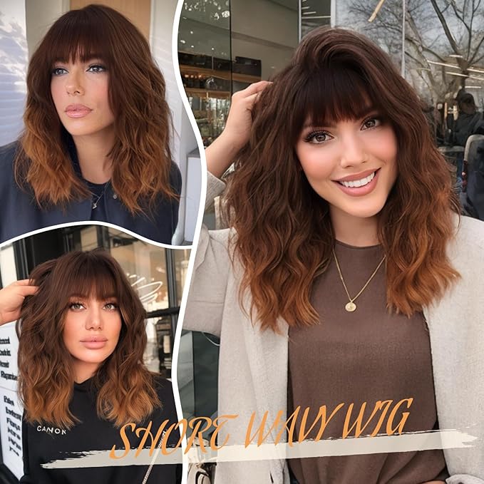 AISI HAIR Synthetic Wavy Curly Bob Wig with Bangs Ombre Brown to Auburn Brown Wig Short Hair for Women Synthetic Heat Resistant Bob Wigs