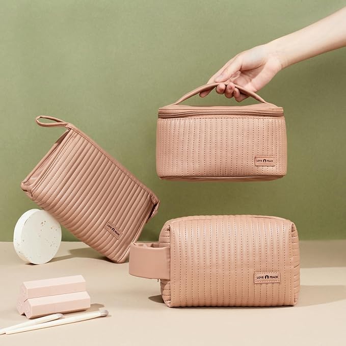 MIRASON Makeup Bag Set of 3 Cute Cosmetic Travel Toiletry Organizer Bag Pouch Set for Women PU Leather Waterproof Toiletry Bag 3 Piece, Brown