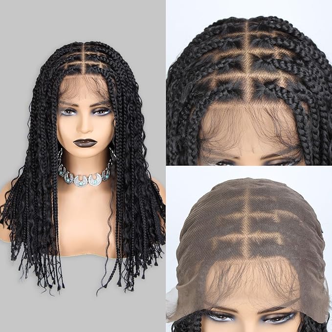 13x8 HD Lace Boho Braided Wigs for Black Women, 18 inch Knotless Box Braid Wig with Curly Hair, Medium Boho Box Braid Wig