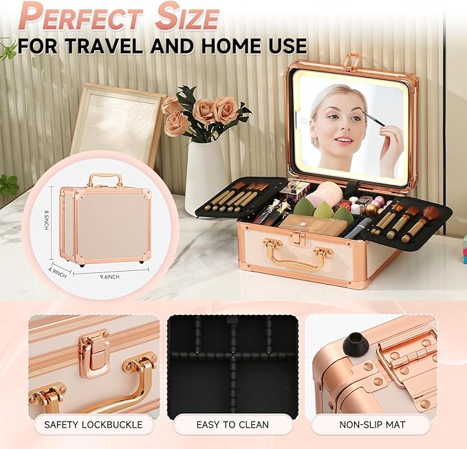 Leeora&Leekoo Makeup Box with LED Mirror & Aluminum Frame, Compact Multi-Layer Cosmetic Organizer - Portable ABS Travel Train Case for Makeup Storage(Gift for Girlfriend/Daughter) (Off white)
