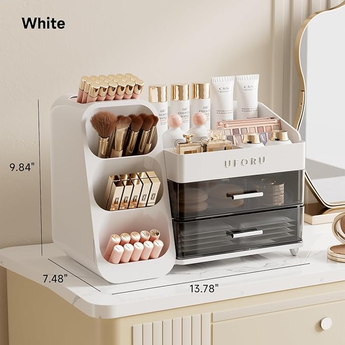 Makeup Organizer for Vanity, Countertop Organizer With Drawers, Spacious Cosmetic Display Case for Beauty Essential, Skincare, Lipstick, White