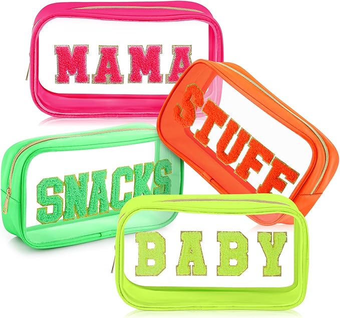 4 Pcs Mama and Baby Toiletry Bag Clear Chenille Letter Pouch Snacks Makeup Stuff Travel Diaper Bag Preppy Transparent Pouch with Zipper for Women Gift(Fluorescent Color)