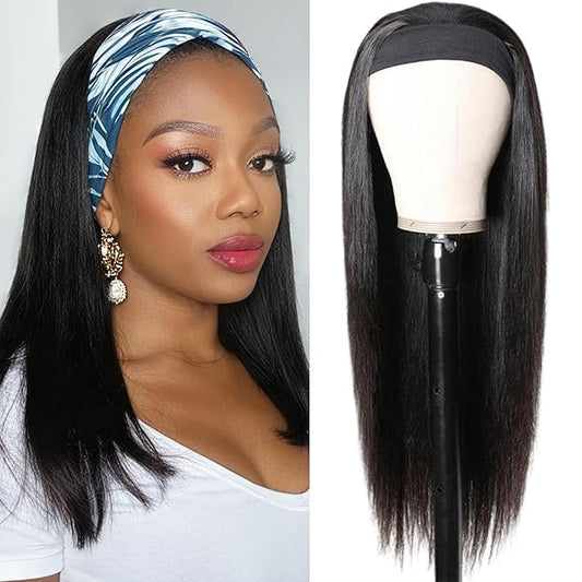 Aiterina Headband Wig Human Hair Straight Virgin Brazilian Machine Made Wigs None Lace Front Wigs Glueless Human Hair Wig for Black Women 150% Density Natural Color 16 Inch