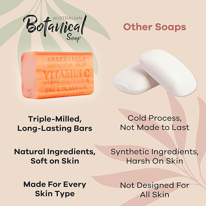 Australian Botanical Soap Vitamin C with Valencia Orange Oil 6.6 oz Luxury Soap Bars Enriched with Shea Butter, Suitable for Men, Women and All Skin Types, Pack of 4