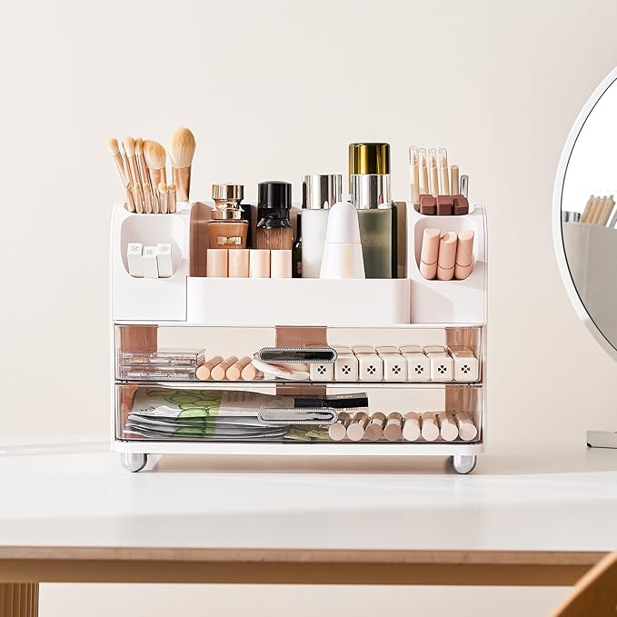 Makeup Organizer for Vanity with 2 Large Drawers, Cosmetic Display Case with Brush Holders, Easy to Storage for Bathroom Countertop Skincare, Desk Office Supplies, White