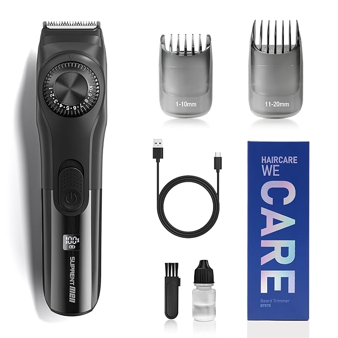SUPRENT Adjustable Beard Trimmer for Men, Cordless Electric Beard Trimmer with Precision Dial, USB Rechargeable 19 Length Settings Mustache Trimmer for Mens Gifts