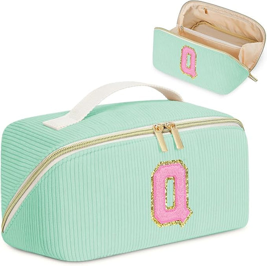 Gifts for Girls, Initial Travel Makeup Bag Women's Day Gift Make up Bag Cosmetic Bags Monther's Day Gifts, Personalized Stuff Bag Cute Makeup Bag Birthday Gifts for Women/Friend/Mother Green - Q