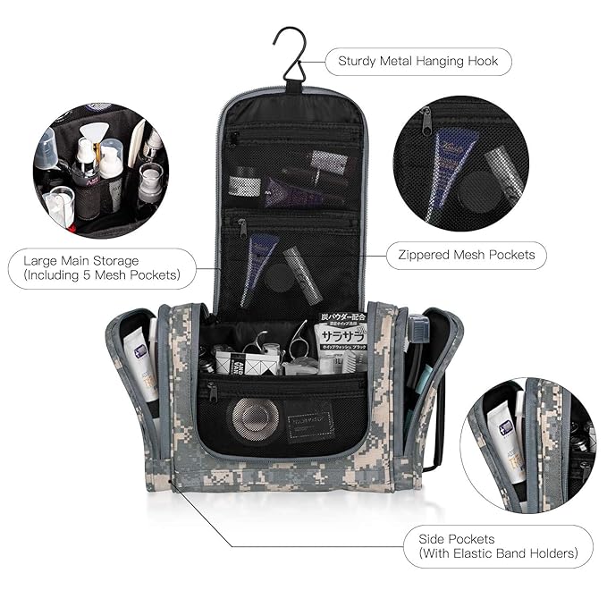 MIRASON Hanging Toiletry Bag for Men Dopp Kit Waterproof Travel Organizer Bag with Sturdy Metal Hook and Handle for Bathroom Shower Camping Toiletry Bag Gift for Men (Camo)