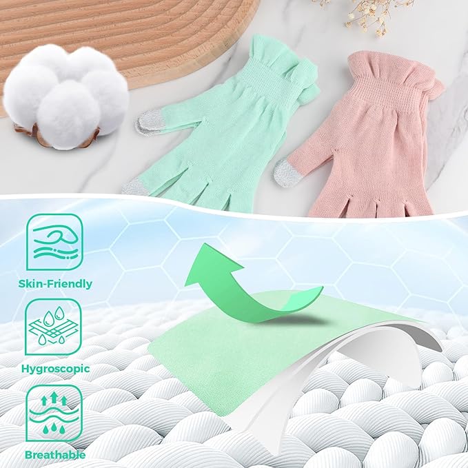 Donfri 6 Pairs Cotton Gloves for Dry Hands, Sleeping Moisturizing Gloves Overnight, Eczema Gloves for Women with Touchscreen Fingers, Lotion Hand Spa Treatment（XS-Green）