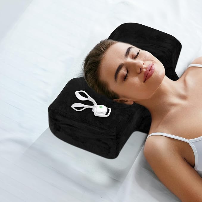 IMENE Lash Pillow for Lash Extensions- Memory Foam Lash Pillow with Neck and Back Support, Ergonomic lash Bed Pillow with Velvet Pillowcase and Lash Organizer Pockets （Black）