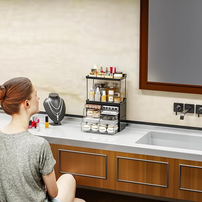 3 Pack Bathroom Organizers and Storage Countertop With 7 Drawers,Stackable Vanity Drawer Organizer for Makeup,18.9" Tall Large Capacity Skincare Organizer and Exquisite Makeup Organizer,Black