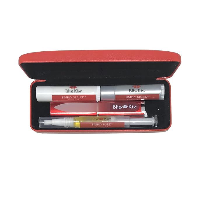 Bliss Kiss Nail Travel Manicure Kit - Great Gift Idea - Easy carry, to-go case to care for your nails, skin, and lips - Hydrating Nail and Cuticle Oil, Lotion Stick, Crystal Nail File, Lip Balm