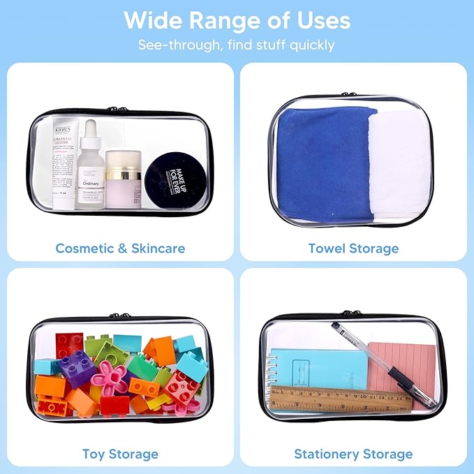 3 Pack Zippered Hard Pouch, Clear Hard Shell Zipper Case, Clear Plastic Storage Box Containers Small Toiletry Bag for Small Items, Toys, Building Blocks, Puzzles, Cosmetics&Stationery, 3 Size (Black)