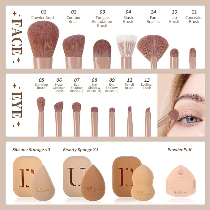 DUcare Makeup Brushes 14Pcs Coffee Series Makeup Brush set with Makeup Sponges Valentines Day Christmas Gifts Foundation Blending Face Powder Blush Eye Shadows Brushes