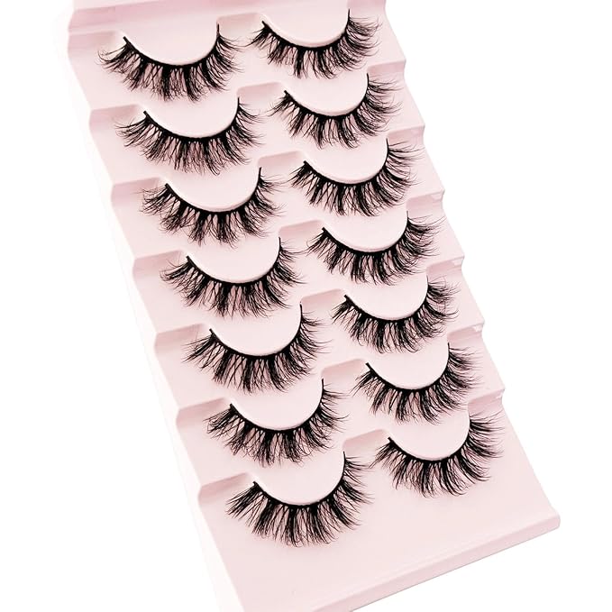 Short Lashes Natural Look Mink Lashes Fluffy Wispy Lashes Strips Russian D Curl NINGLASH False Eyelashes Cat Eye Lash that Look Like Extensions Fake Eyelash 14mm Faux 3D 7 Pairs Lash Pack