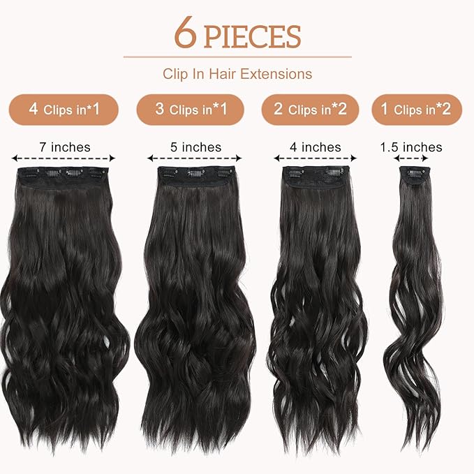 Clip in Hair Extensions for Women - 20 Inch Long Wavy Brown Extensions, 6PCS Dark Brown Hairpieces that Blend Naturally with Your Real Hair (20 Inch, Dark Brown)