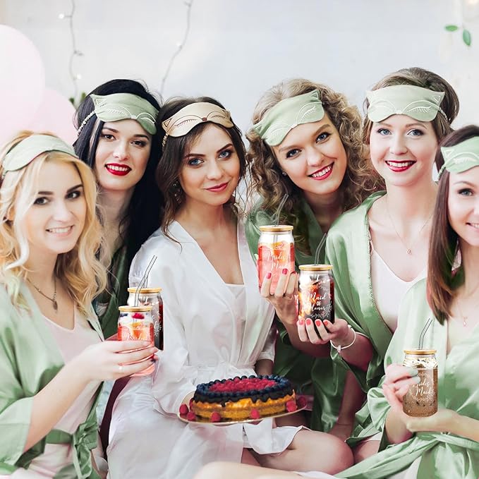 Irenare 8 Pcs Proposal Gifts Set Robes Makeup Bag Cup Cards Hair Tie Bracelet Diamond Pen Bridesmaid Gift Box (Light Green,Maid of Honor)