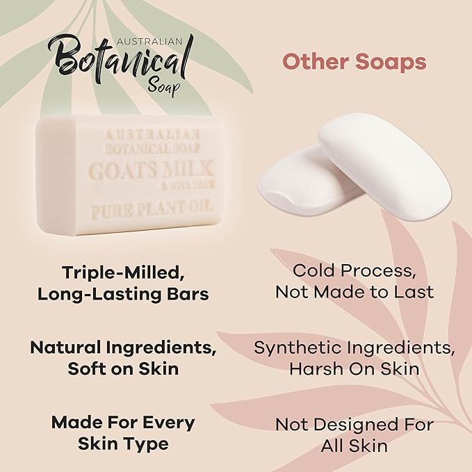 Australian Botanical Soap, Classic Goat Milk and Goat's Milk with Raspberry, 6.6 OZ, Triple Milled Bars made with a Natural Soap Base and Enriched with Organic Shea Butter, Pack of 8