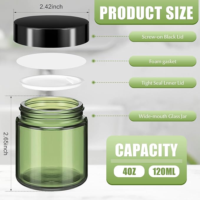 Norme 24 Pcs 4 oz Glass Jars with Lids Leakproof Round Airtight Empty Cosmetic Jars with Inner Liners Lid for Storing Lotions Powder Ointments Candle Making (Olive Green)