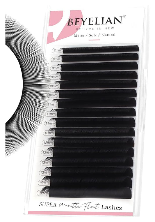 BEYELIAN Flat Eyelash Extension, Ellipse Lash Extensions 0.20 D+ Curl 7-15mm 16 Rows Matte Black Eyelash Extension Supplies Classic Lash Extensions Individual Eyelashes Salon Use