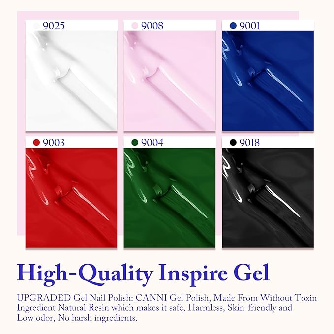 CANNI Gel Nail Polish Set 6 Colors, White Pink Blue Red Green Black Magenta Tones Craze Nail Art Design at Home DIY Soak off UV LED Manicure French Nail Salon