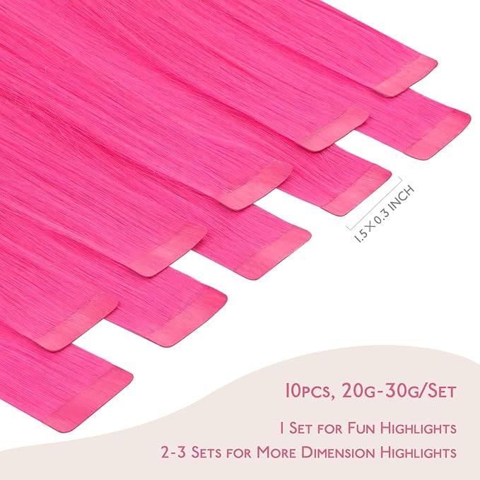 WENNALIFE Tape in Hair Extensions Human Hair Hot Pink Tape in Extensions, 10pcs 25g 16 inch Remy Invisible Tape Ins Straight Colored Soft Real Human Hair Tape in Extensions Refill Set Extensions